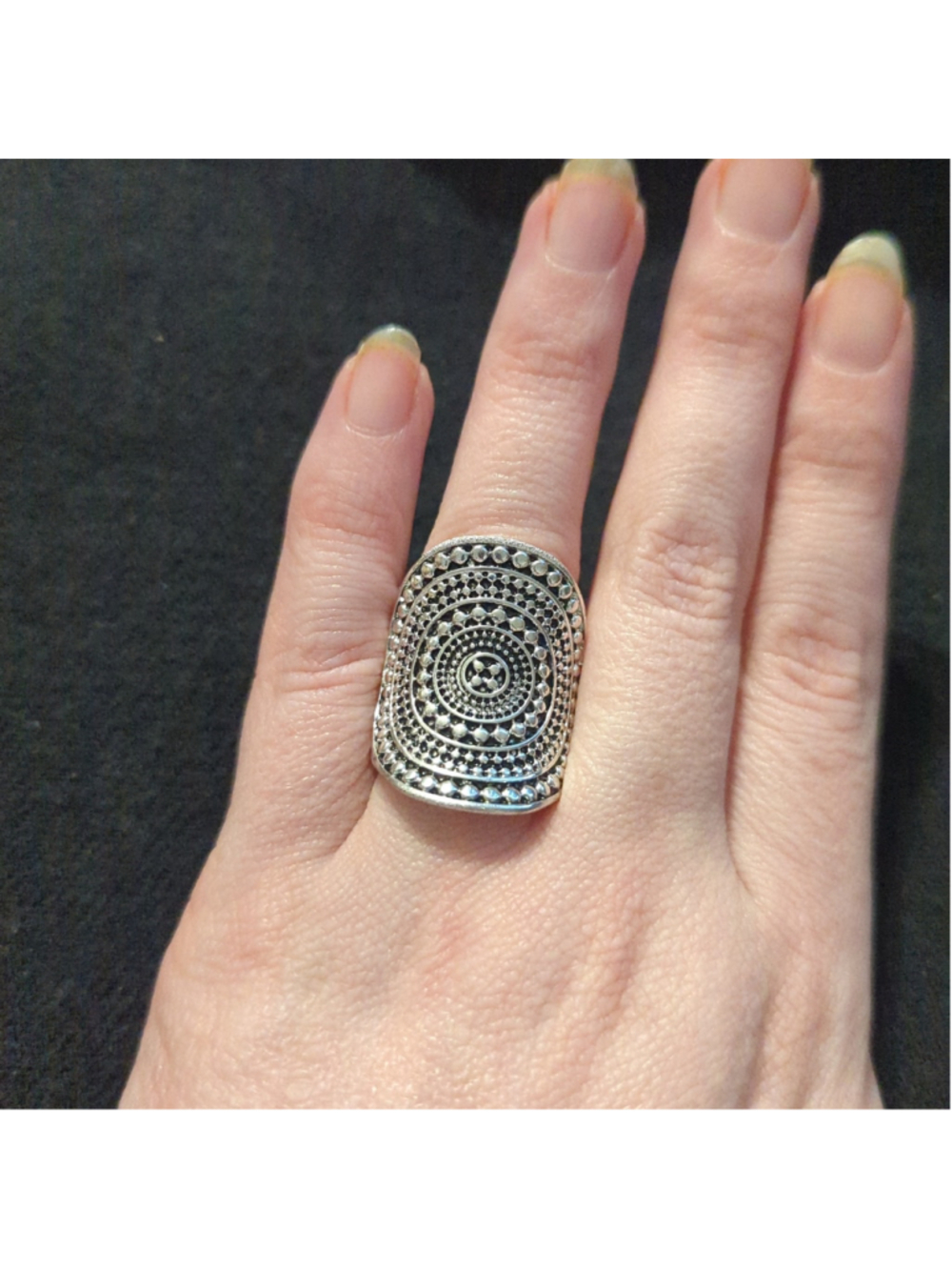 Silver Tone Mandala Tribal Design Saddle Shape Chunky Statement Ring - size 8